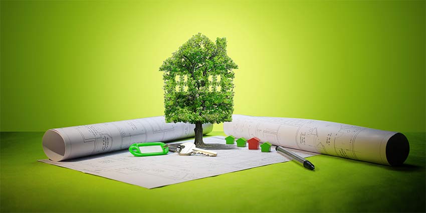 Green real estate careers for Florida Brokers, presenting blueprints and a green house made out of a plant