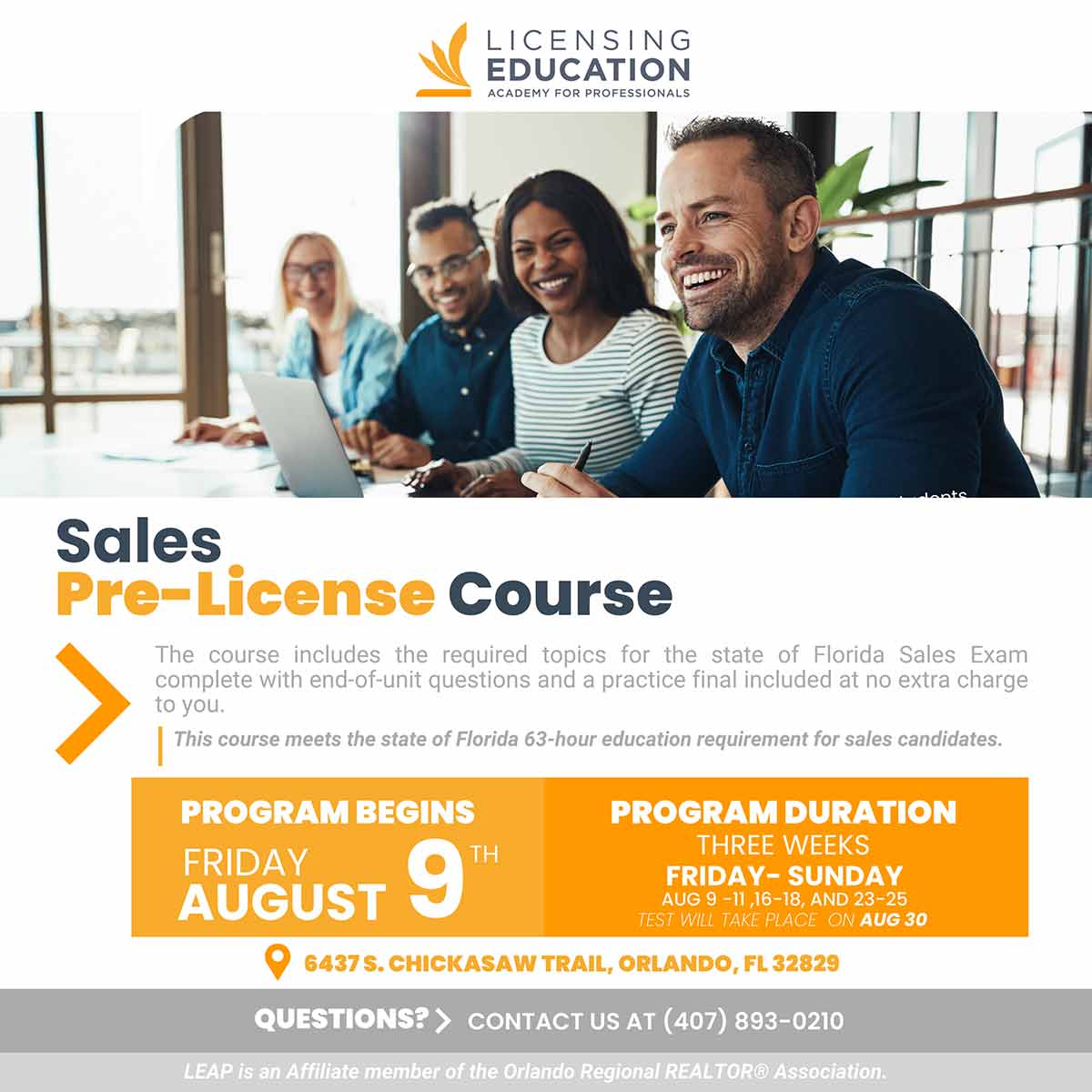Sales Pre-License Course in Orlando, FL. Begins on August 9th, 2024.