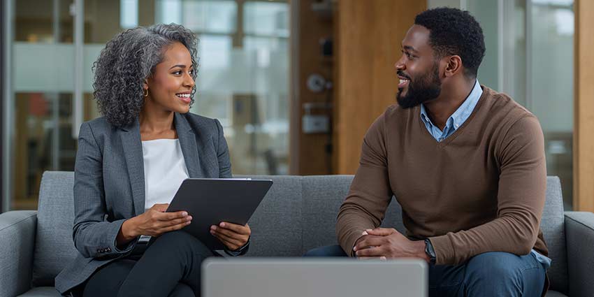 Two professionals discussing the difference between Sales Agent and Broker Post-License