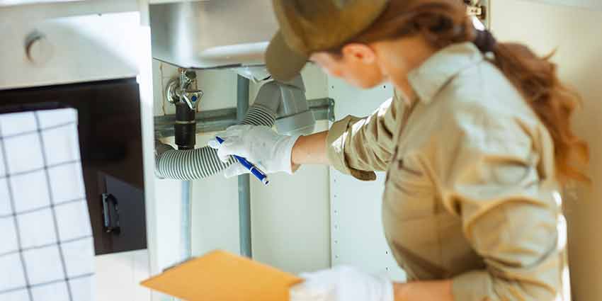 A professional lady inspecting pluming in a house after knowing about the guide to the Florida Home Inspection license